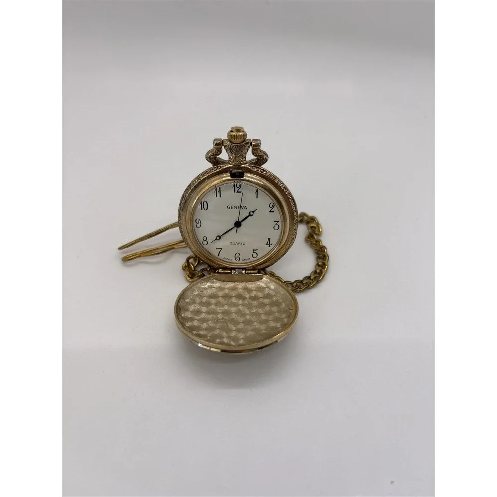 Geneva Quartz Yellow Gold Tone Train Theme Pocket Watch Men Analog Runs